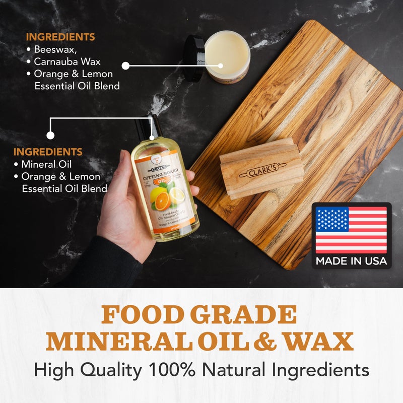 CLARK'S Food Grade Mineral Oil (12oz) and Carnauba Wax (6oz) Set - 100% Natural Butcher Block Oil and Cutting Board Wax - Food Safe Beeswax and Wood Cutting Board Oil with Orange & Lemon Extract - Image 3